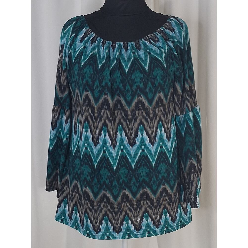 Win Win Peasant Tunic Blouse L/XL Bell Sleeve Stretch Boho Chevron Festival Top